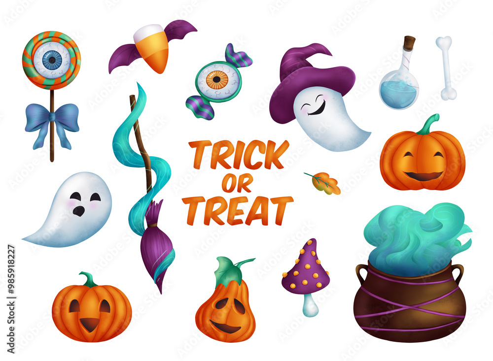 Naklejka premium Set of Halloween elements. Cartoon ghosts and pumpkins with Trick or Treat.