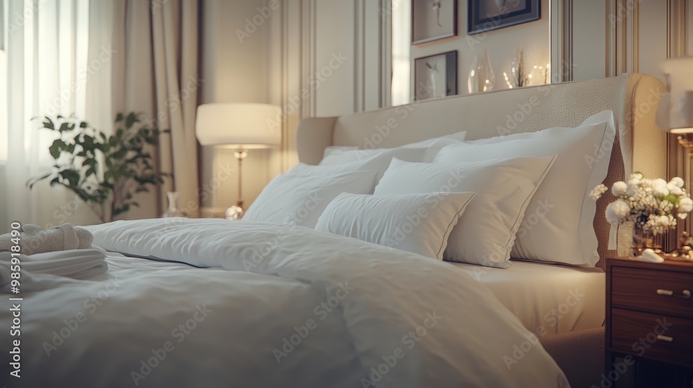 Luxurious king-size bed with soft linens in a tranquil bedroom Luxurious king-size bed with soft linens in a tranquil bedroom