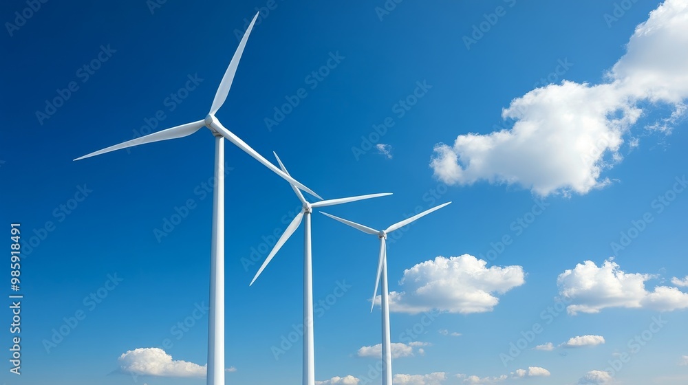 Wind turbines stand tall against a bright blue sky with fluffy white clouds, symbolizing clean energy, renewable resources, sustainable technology, environmental responsibility, and a bright future. Wind turbines stand tall against a bright blue sky with fluffy white clouds, symbolizing clean energy, renewable resources, sustainable technology, environmental responsibility, and a bright future.