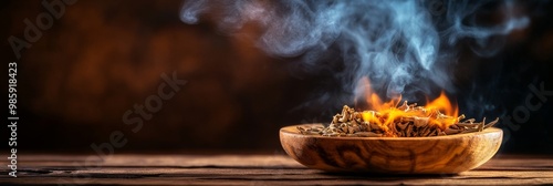 White sage smudging in a wooden bowl, releasing smoke for purification and spiritual cleansing in a shamanic ritual.