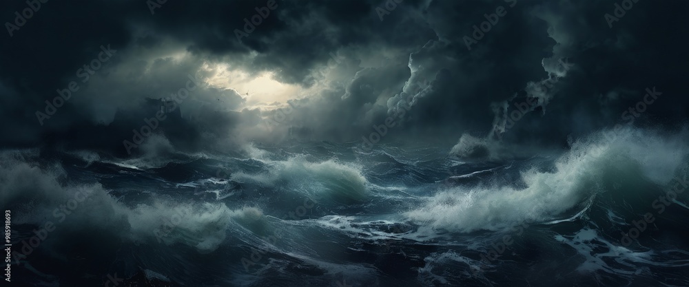 Powerful ocean waves crash violently under a stormy, dark sky, creating ...