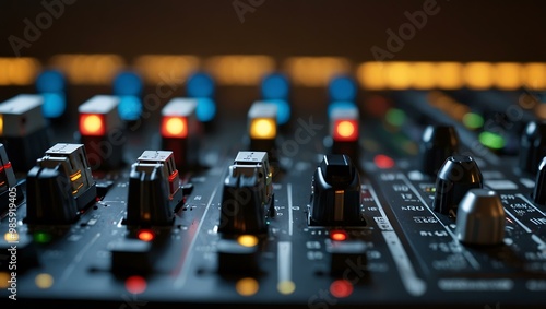 Close-up of an audio mixing console with vibrant lights.