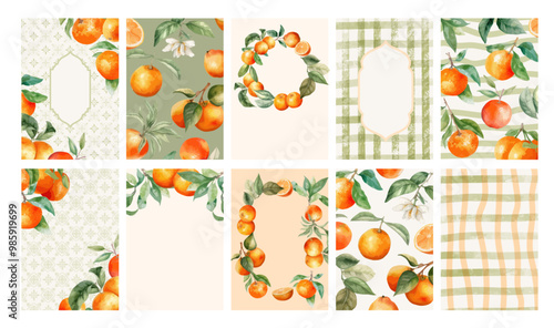 Watercolor illustration set of tangerine, frame, striped wave, wreath, and pattern for background, card, invitation or poster.