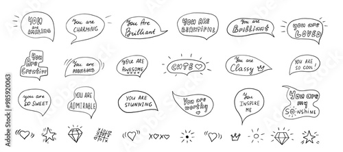 Set of speech bubbles with compliment phrases in doodle style. Self love quotes. Cute, amazing, sweet, fabulous, stunning, beautiful, cool, worthy, inspire,  awesome, classy, brilliant. Hand drawn
