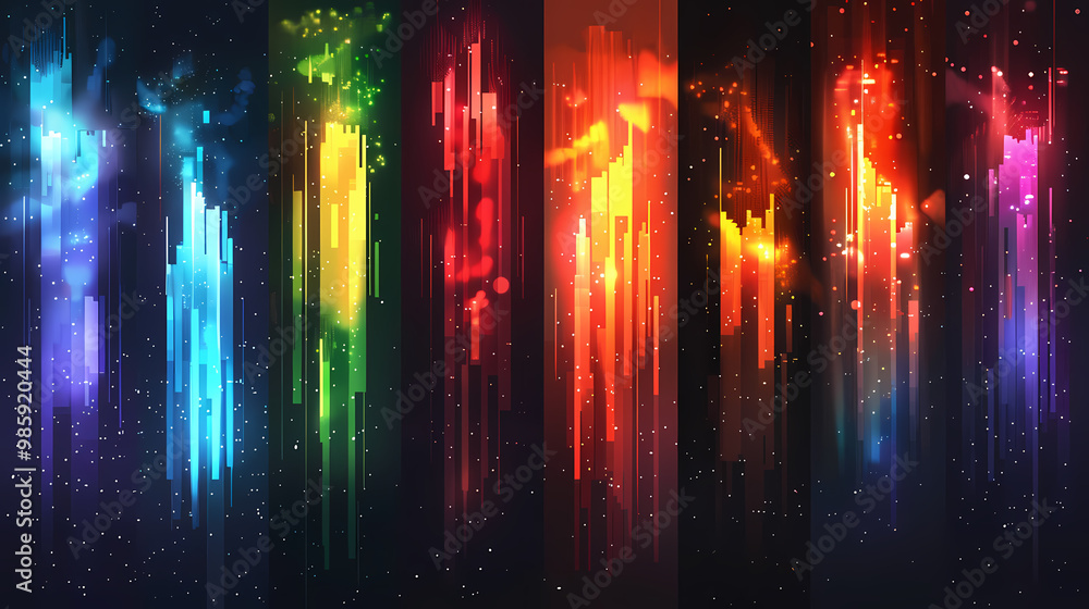 Abstract digital art featuring a colorful and vibrant pattern of vertical lines against a dark background. Abstract digital art featuring a colorful and vibrant pattern of vertical lines against a dark background.