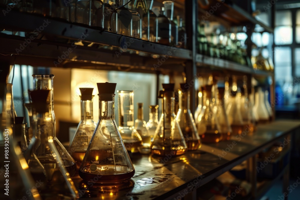 A collection of clear glass flasks arranged neatly on a wooden shelf A collection of clear glass flasks arranged neatly on a wooden shelf