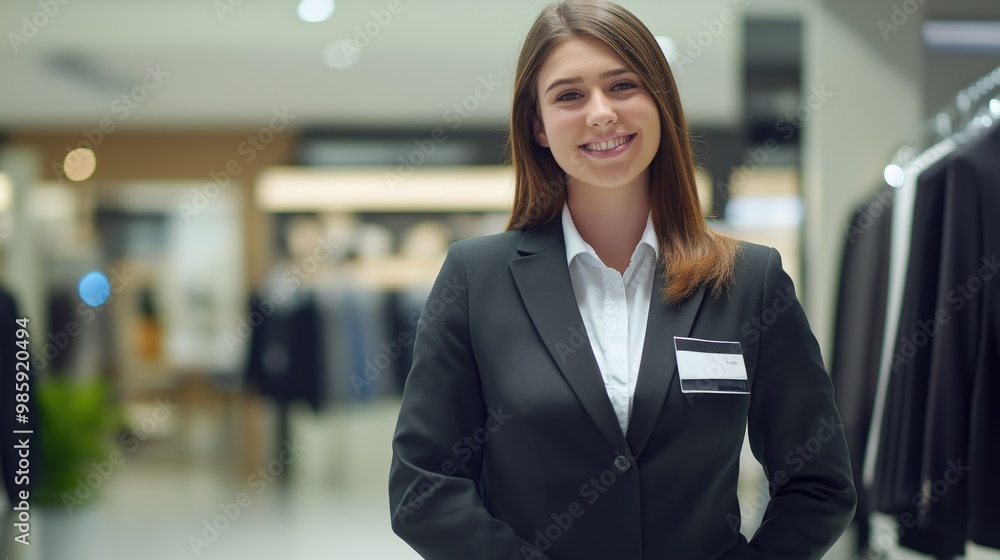 A professional saleswoman greets visitors at a high-end clothing store, showcasing the fashionable clothing and chic mirrors in the background A professional saleswoman greets visitors at a high-end clothing store, showcasing the fashionable clothing and chic mirrors in the background
