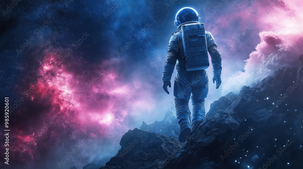 An astronaut walks across a strange terrain filled with unusual rock formations while a brilliant display of stars lights the night sky around them