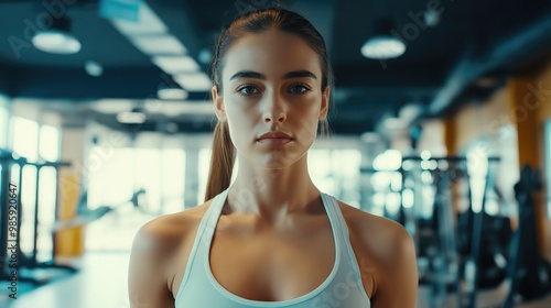 A determined female athlete stands tall in a sports club, ready to workout, with various exercise equipment visible in the background