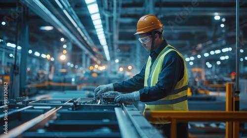 A worker focuses on assembling components at a modern assembly line, surrounded by bright lights and dynamic machinery, showcasing technological progress