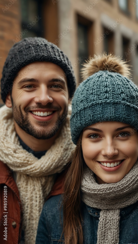 Close-up of friends wearing winter hats, smiling in a city. Close-up of friends wearing winter hats, smiling in a city.
