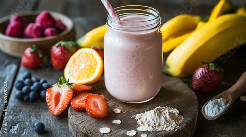 Delicious smoothie in a jar surrounded by fresh fruits and oats, perfect for healthy living and nutritious breakfasts. photo