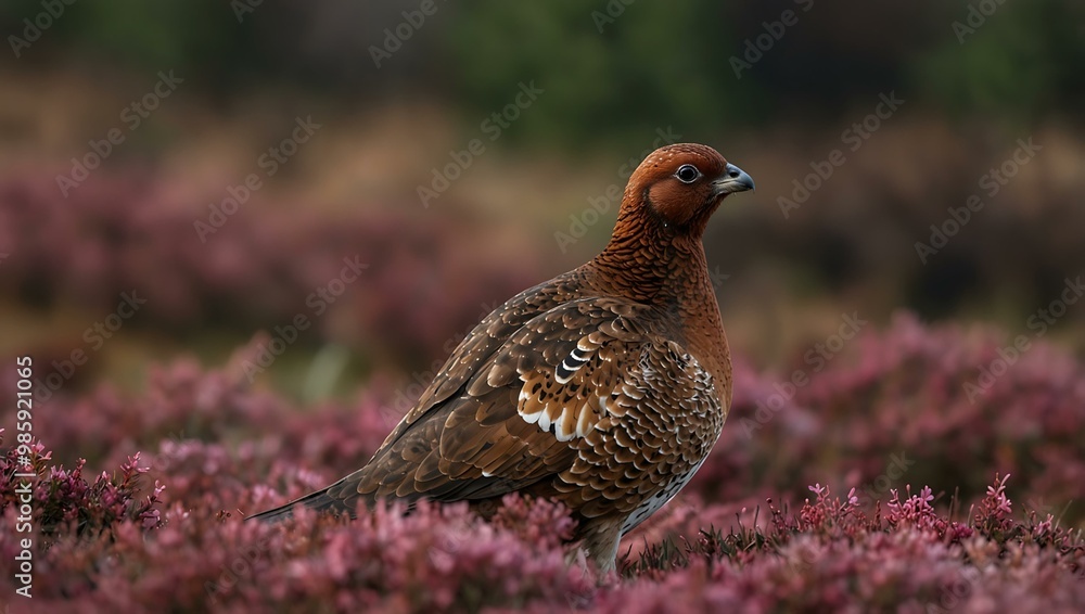 Close-up of male Red Grouse perched on a twig among pink heather. Close-up of male Red Grouse perched on a twig among pink heather.