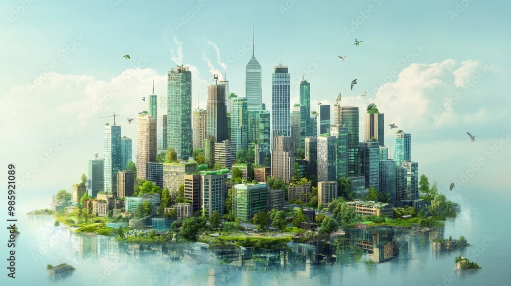 Fototapeta premium A detailed depiction of smart city infrastructure, highlighting advanced waste management systems, energy-efficient buildings, and integrated technology, emphasizing sustainability and urban