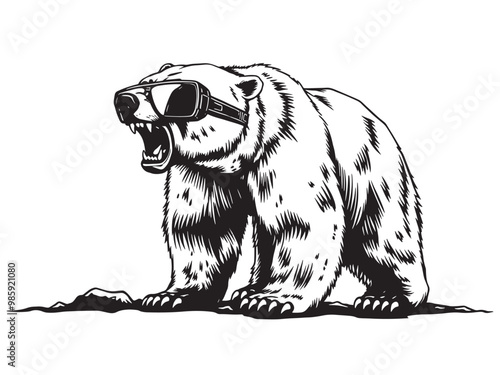 Black and white illustration of a grizzly bear in sunglasses on a white background.
