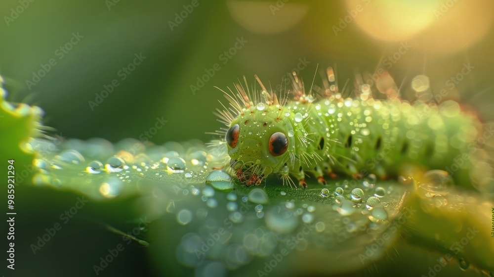 Naklejka premium Dewy Caterpillar on a Leaf