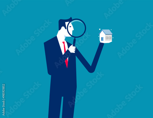 Property appraisal or price evaluation, housing assessment for market value, residential sale, rating or real estate review concept, businessman appraiser magnifier review property with star rating.