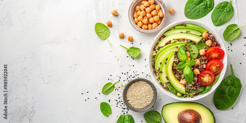 Vegetable Salad with Quinoa and Avocado | Top View of Healthy Vegan Dish | Plant-Based Nutrition Concept Vegetable Salad with Quinoa and Avocado | Top View of Healthy Vegan Dish | Plant-Based Nutrition Concept