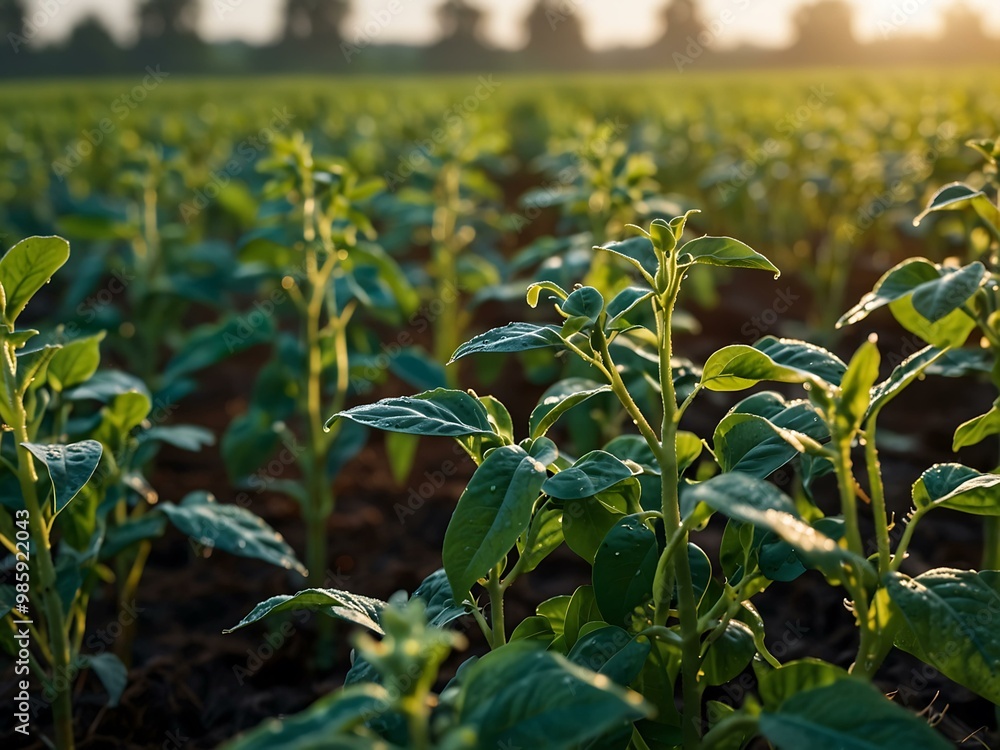 Close-up of vibrant green soybean plants in morning dew. Close-up of vibrant green soybean plants in morning dew.