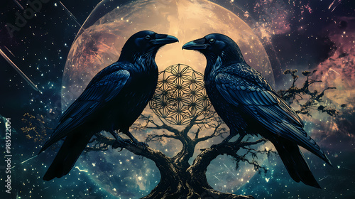 Wallpaper Mural Pair of ravens with tree of life and sacred geometry flower of life symbol, space background. Sacred Geometry. Illustration Torontodigital.ca