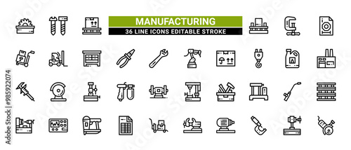 36 Manufacturing Line Icons Set Pack Editable Stroke Vector Illustration.