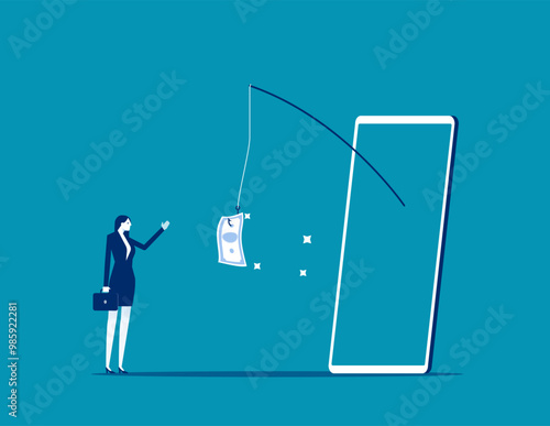 Mobile phone banking scam, fraud link to steal money, phishing bait website or online crime, thief steal money from mobile banking app concept, mobile smartphone with fishing bait scam money threat.