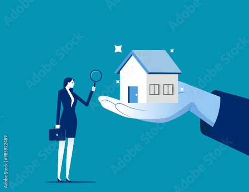 Property appraisal or price evaluation, housing assessment for market value, residential sale, rating or real estate review concept, businessman appraiser magnifier review property with star rating.