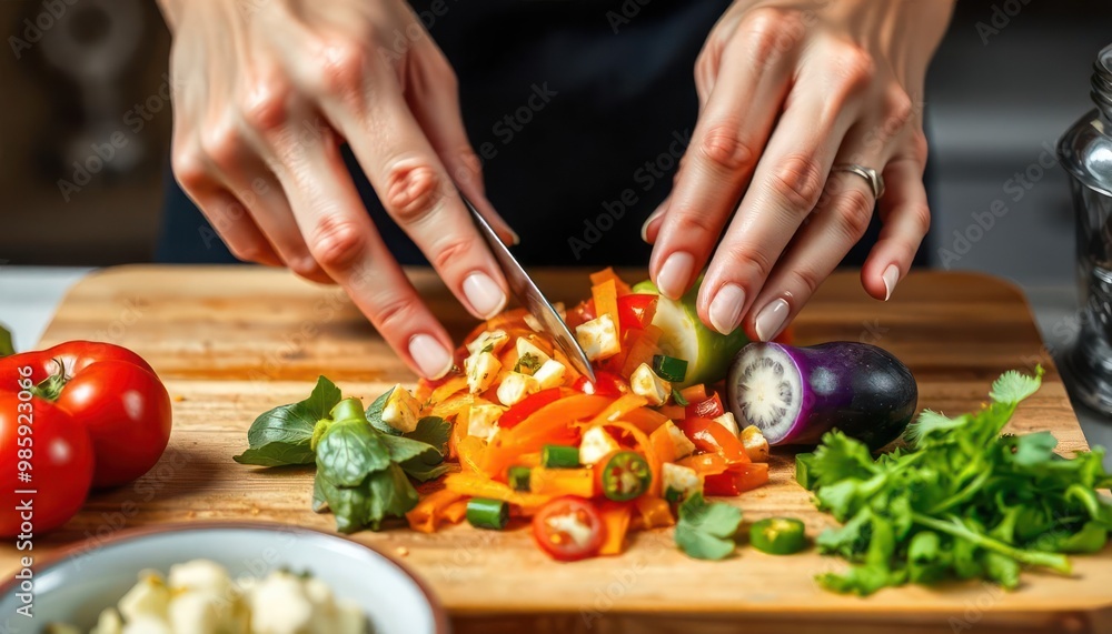 Close-up of chef hand chopping vegetables Close-up of chef hand chopping vegetables