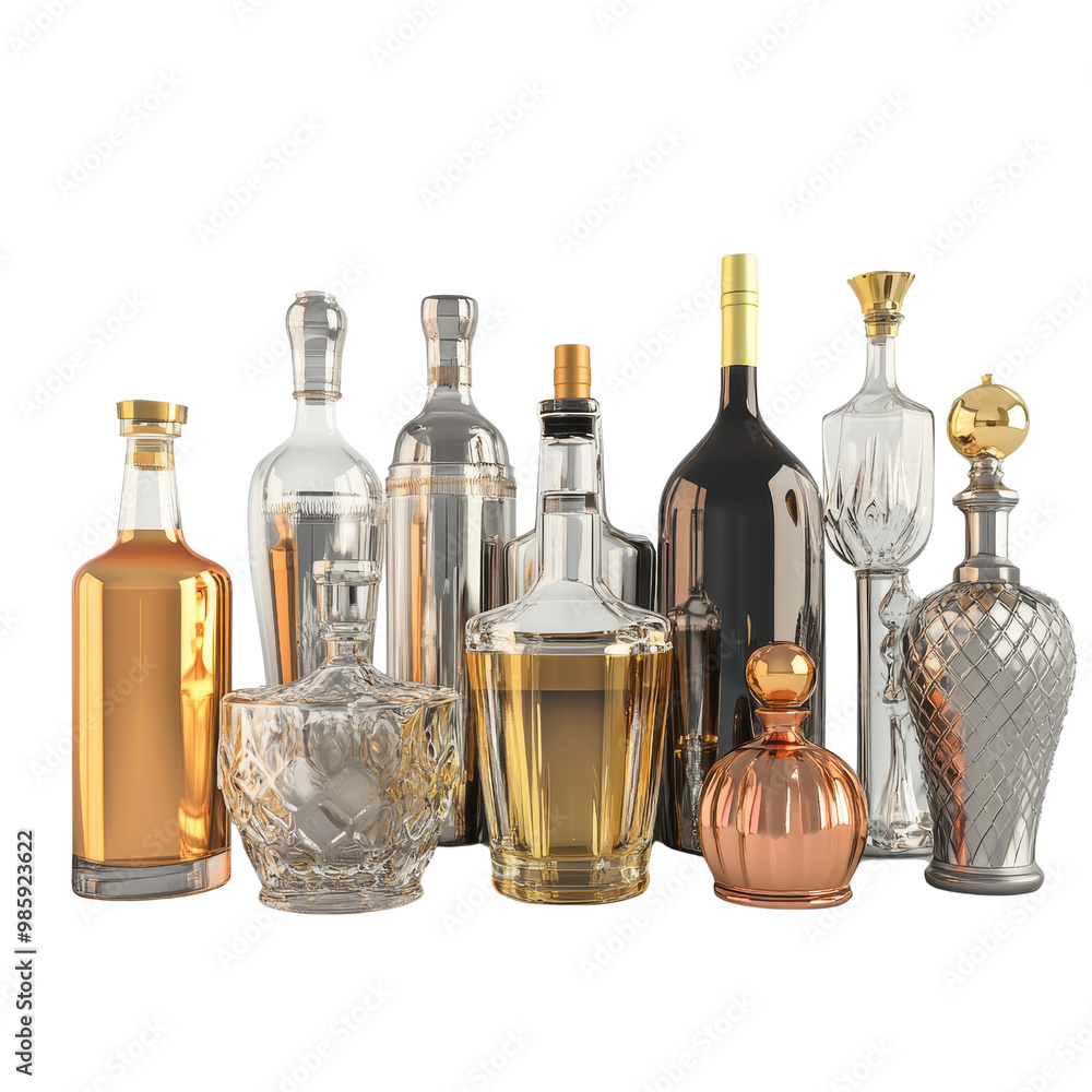 A collection of elegant bottles showcasing various shapes and colors, perfect for decorative display or bar use., isolated on a transparent background. A collection of elegant bottles showcasing various shapes and colors, perfect for decorative display or bar use., isolated on a transparent background.
