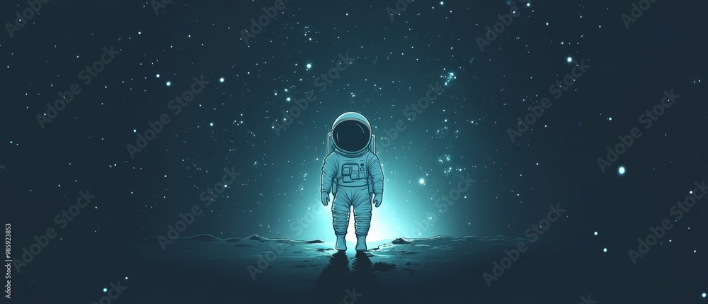Minimalist lone astronaut floating through the void of space surrounded by distant stars and soft light in a simple cartoon style Minimalist lone astronaut floating through the void of space surrounded by distant stars and soft light in a simple cartoon style