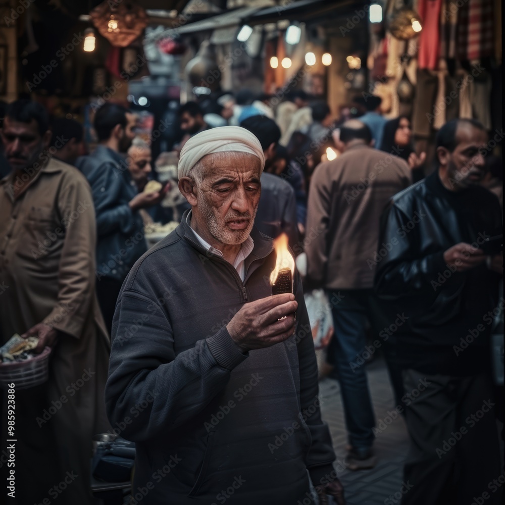 Old man holding a burning torch in a crowded market in morocco Old man holding a burning torch in a crowded market in morocco