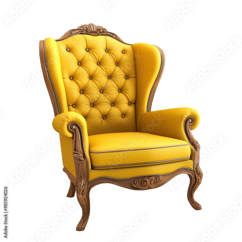 A luxurious yellow tufted chair with ornate wooden details, perfect for adding vintage elegance to any living space. photo