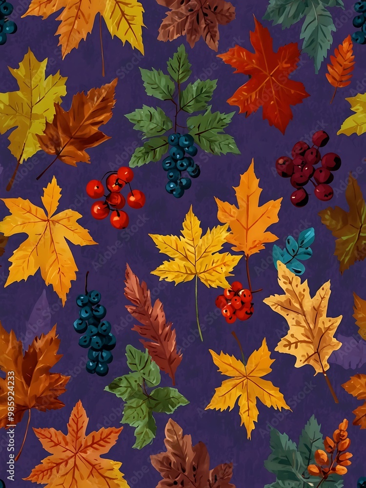 Colorful autumn leaves and berries on a trendy purple backdrop. Colorful autumn leaves and berries on a trendy purple backdrop.