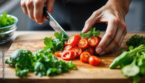 Close-up of chef hand chopping vegetables