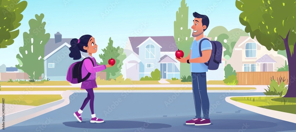 A father stands in the middle of his driveway, holding out an apple to his daughter as she walks towards him . The background is a suburban neighborhood with trees and houses in a flat cartoon style. A father stands in the middle of his driveway, holding out an apple to his daughter as she walks towards him . The background is a suburban neighborhood with trees and houses in a flat cartoon style.