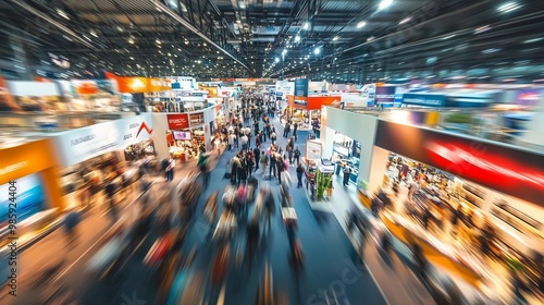 Dynamic business expo with a lively trade show floor featuring bustling crowds and vibrant booths.