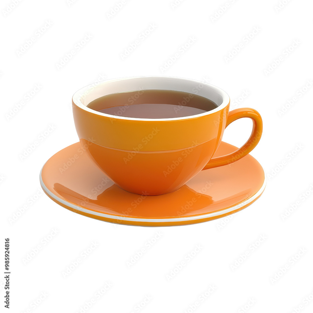A vibrant orange cup filled with hot coffee, placed elegantly on a matching saucer, perfect for a cozy morning., isolated on a transparent background. A vibrant orange cup filled with hot coffee, placed elegantly on a matching saucer, perfect for a cozy morning., isolated on a transparent background.