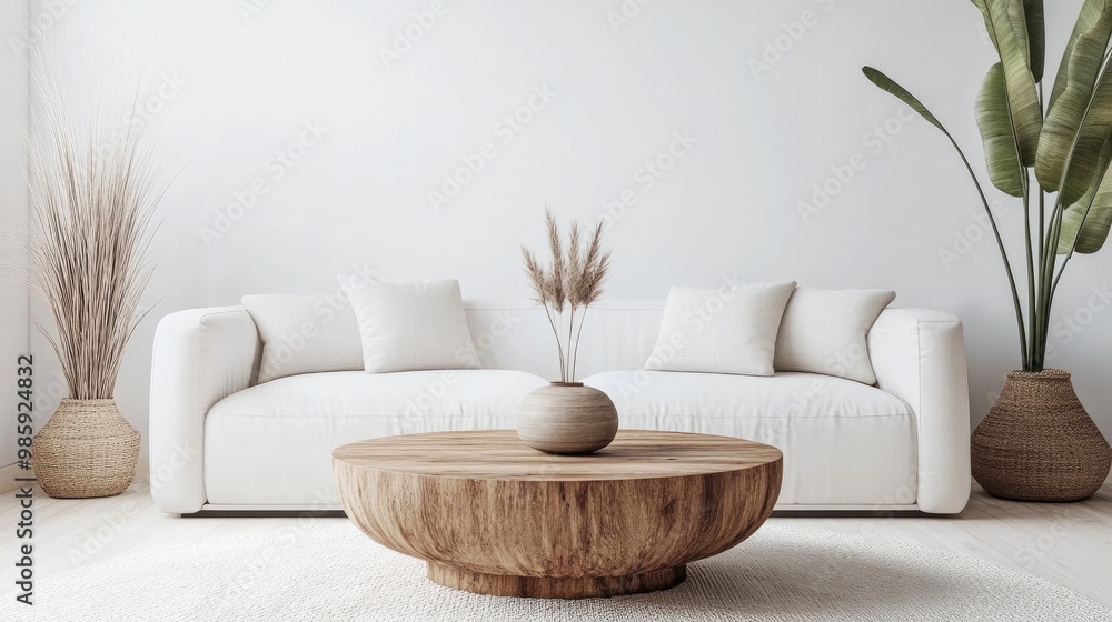 Round wood coffee table against white sofa Scandinavian home interior design of modern living room Round wood coffee table against white sofa Scandinavian home interior design of modern living room