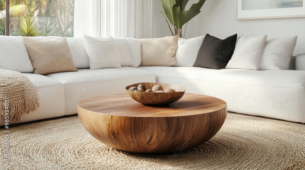 Round wood coffee table against white sofa Scandinavian home interior design of modern living room Round wood coffee table against white sofa Scandinavian home interior design of modern living room
