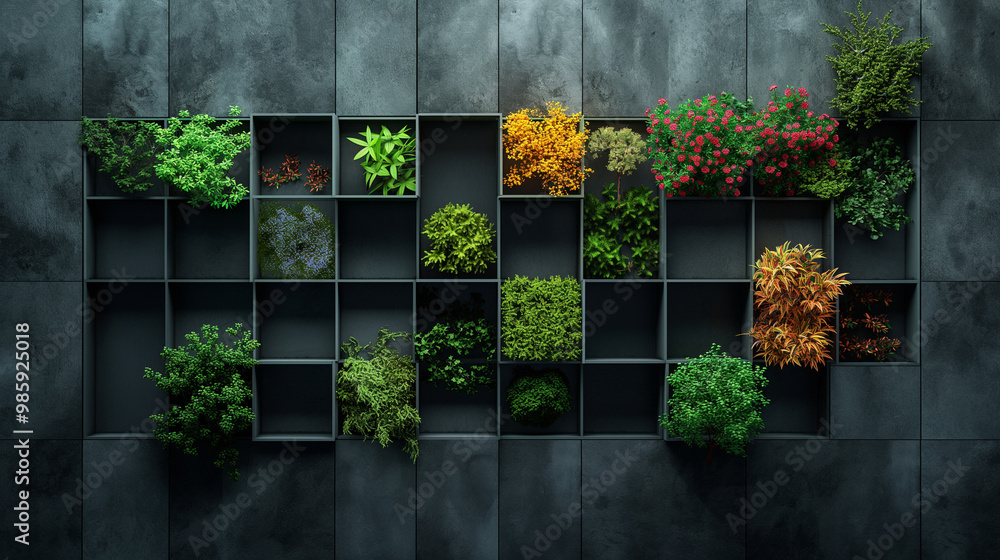 Fototapeta premium Green lush wall on a residential building with diverse plants, symbolizing eco-friendly living and urban greenery.