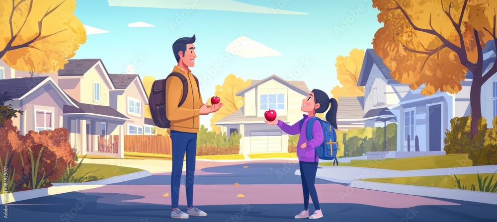 Fototapeta premium A father stands in the middle of his driveway, holding out an apple to his daughter as she walks towards him . The background is a suburban neighborhood with trees and houses in a flat cartoon style.