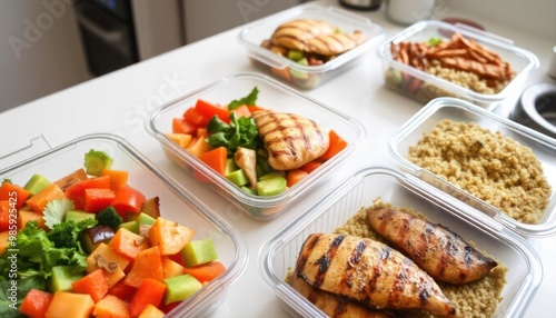 Healthy meal prepping scene, with neatly organized containers of cooked vegetables, grilled chicken, and quinoa on a clean kitchen counter, ready for the week ahead.