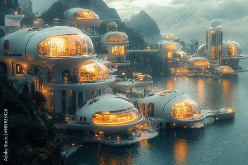 floating harbor city at twilight bioluminescent waters futuristic architecture ethereal skysea merger sustainable urban utopia photo