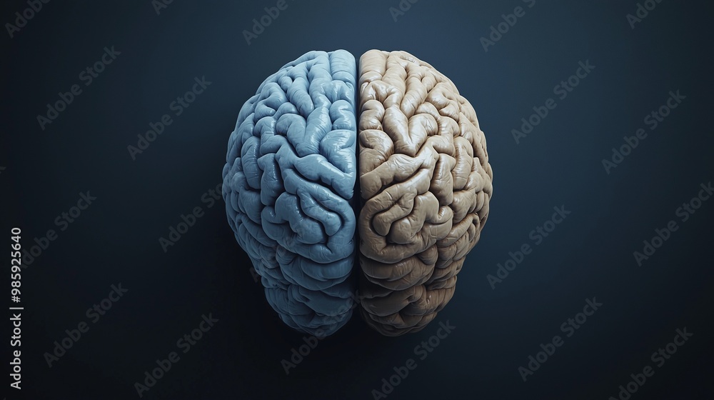 Image of a human brain split into two hemispheres, representing left and right brain functions in psychology. Image of a human brain split into two hemispheres, representing left and right brain functions in psychology.
