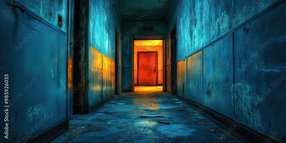 A deserted hallway, with a single menacing door ajar. A deserted hallway, with a single menacing door ajar.