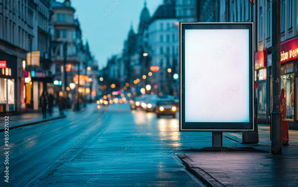 Urban street at dusk with empty advertisement board illuminated in city center Urban street at dusk with empty advertisement board illuminated in city center