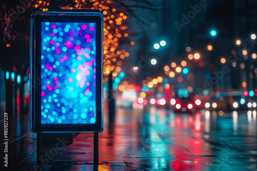 Vibrant illuminated display board on a rainy city street during the evening rush hour