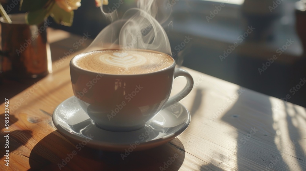 Steaming Hot Coffee Cup on Wooden Table in Cozy Cafe Atmosphere Steaming Hot Coffee Cup on Wooden Table in Cozy Cafe Atmosphere