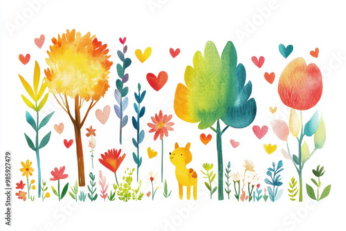 A whimsical watercolor illustration of a forest, trees and nature, with vibrant colors and playful shapes representing trees, flowers, animals.