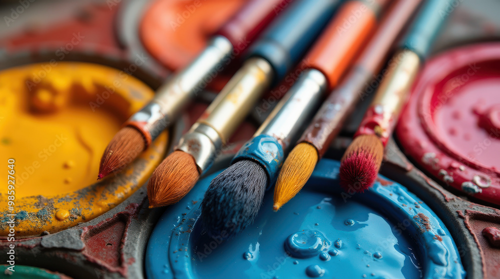 Colorful Artistic Paint Brushes: Close-Up Photography of Paintbrushes with Paint Strokes on Canvas Colorful Artistic Paint Brushes: Close-Up Photography of Paintbrushes with Paint Strokes on Canvas